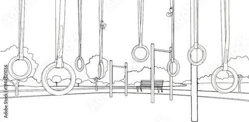 Outdoor gym equipment with rings and bars, set against trees