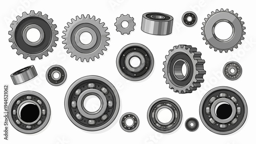 Collection of various gears and ball bearings on a white background