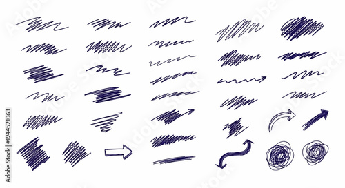 Collection of hand-drawn scribbles, lines, and arrows in dark blue ink on a white background