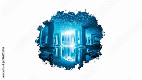 Ethereal blue ice cave with glowing light and water reflections