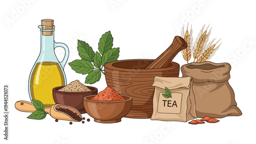 Assorted natural products including olive oil, tea, spices, wheat, and a mortar and pestle for traditional preparation.