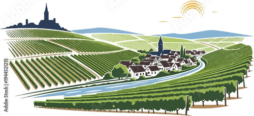 Picturesque vineyard valley with a village nestled by a winding river