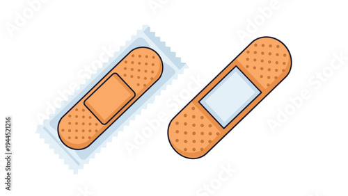 Medical illustration of two adhesive bandages with one shown partially inside its sterile packaging and the other ready for application.