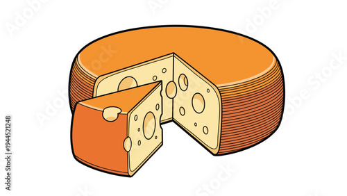 Detailed illustration of a large yellow cheese wheel with many holes and a single triangular wedge cut out from the side on white.