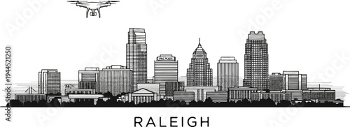 Drone flies above a city skyline, featuring modern buildings and trees