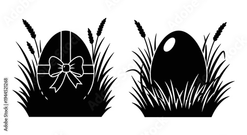 Contrast of decorated and plain eggs nestled in grass with wheat stalks Vector, illustration