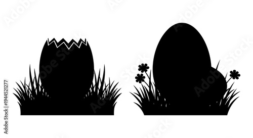 Easter eggs emerging from grass with decorative tops and clover flowers nearby Vector, illustration
