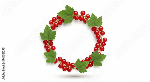Circular wreath of red currants and green leaves isolated on white