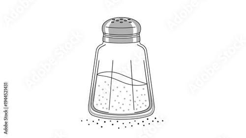 Classic glass salt shaker with a metal top and some white salt visible inside and spilled at the bottom on a clean white background.
