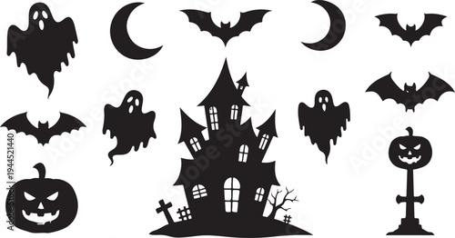 Halloween icons including haunted house and spooky silhouettes