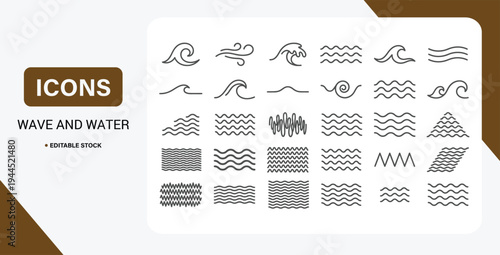 Minimal line wave icon set with abstract ocean wave symbols vector collection.