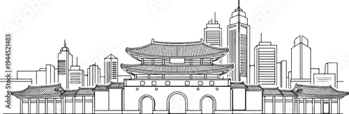 A sketch of ancient Korean architecture blended with modern city skyscrapers