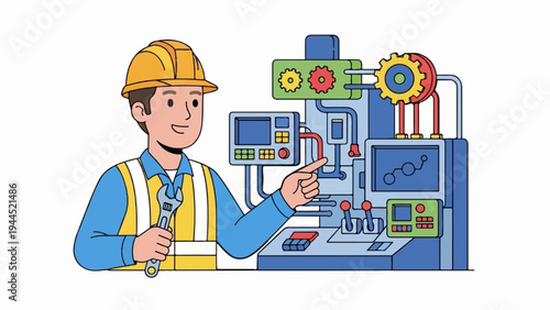 Technician in hard hat explains complex machinery with a wrench