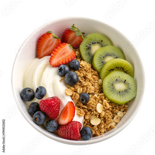 A white bowl filled with granola yogurt and strawberries, and blueberries isolated on transparent background