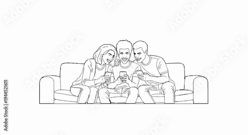 Three friends laughing together while looking at their phones on a couch