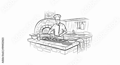 Chef prepares food at a grill beside a brick oven and sink