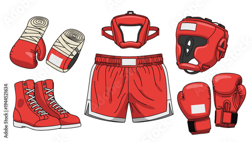 Comprehensive set of red boxing equipment including gloves, boots, shorts, headgear, and hand wraps for training and competitions.