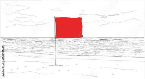 Red flag on a sandy beach with waves and clouds in the background