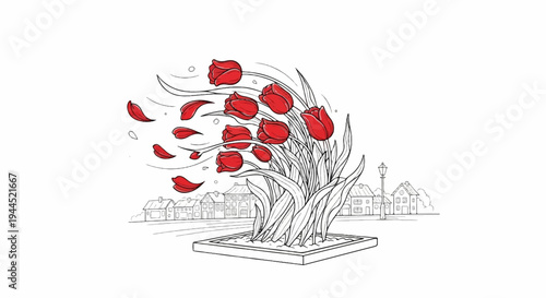 Red tulips in a planter blow in the wind in a sketched town