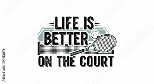Retro tennis graphic with a racket, ball, and court net