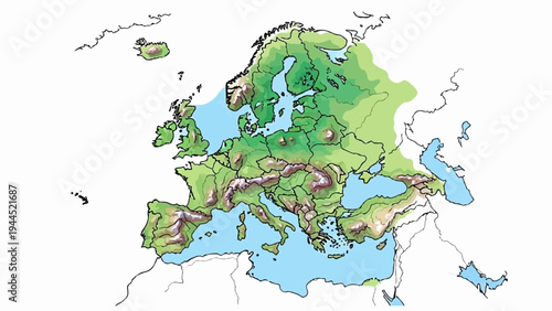 Topographical map showing Europe's varied terrain and water bodies