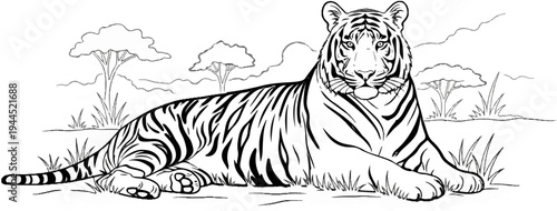 Black and white line art of a majestic tiger resting in a savanna landscape