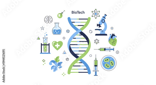 Biotechnology and Medical Science Concept Illustration with DNA Helix, Lab Equipment, and Health Icons. Genomic Research, Modern Medicine, Innovation.