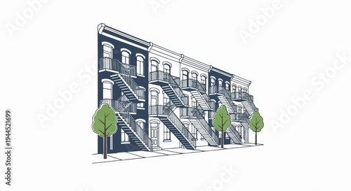 Row of apartment buildings with external staircases and trees on sidewalk