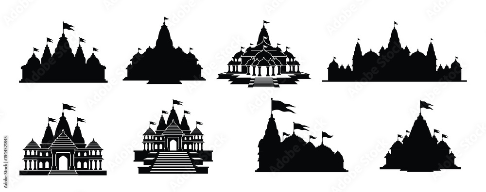 Fototapeta premium Hindu Temple Silhouette Collection Inspired By Ram Mandir Architecture