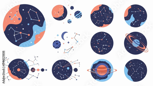 Whimsical cosmic illustrations feature planets, moons, stars, and constellations in a playful palette