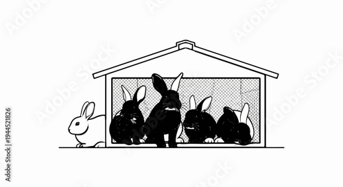 Six rabbits, one white outside a hutch with black ones inside