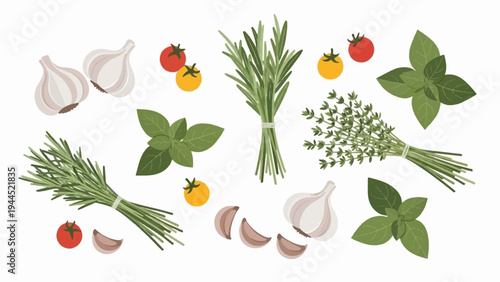 Assorted fresh herbs and vegetables, including garlic, tomatoes, rosemary, thyme, and basil