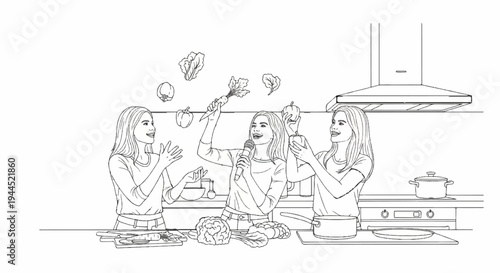 Three friends joyfully prepare food, singing and tossing vegetables in a kitchen