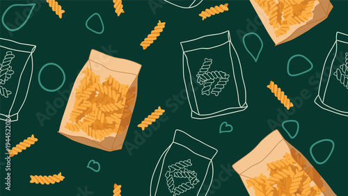 Decorative seamless pattern of spiral pasta pieces and paper bags of pasta on a dark green background with abstract leaf shapes.