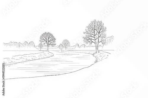 Sketch of a winding river with bare trees along its banks in winter