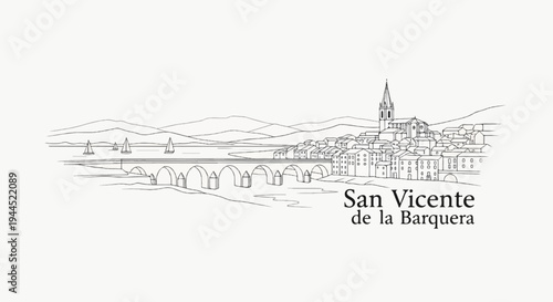 Sketch of a coastal town with a stone bridge, sailboats on water, and distant hills