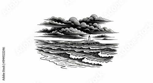 Stylized illustration of a lighthouse on a rocky coast with dramatic clouds and rough seas