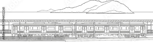 Stylized illustration of a train with a mountain range backdrop