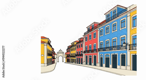 Colorful historic buildings line a European street leading to an archway