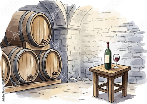 Wine barrels and a bottle with wine on a stool in a cellar