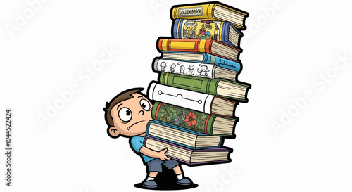 A young boy struggles to carry an impossibly tall stack of books