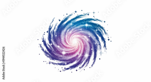 Watercolor spiral galaxy with glowing stars and nebulae on white