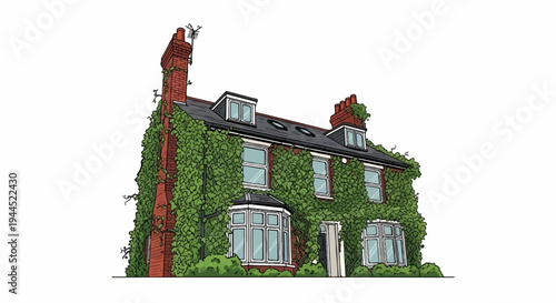 Brick house covered in green ivy with bay window and dormers