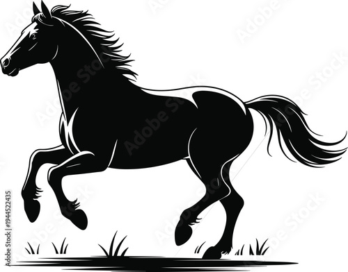 Black horse running on grassy field galloping mane