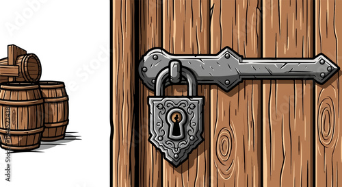 Rustic wooden door with an ornate padlock and stacked barrels