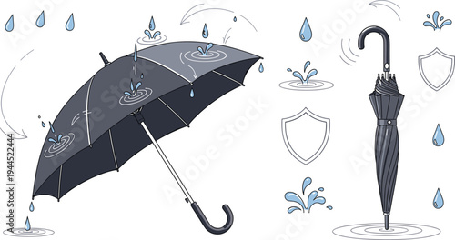Rain protection umbrella illustration with water drops splashes folded umbrella and shield icons for rainy weather safety concept vector set