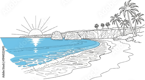 Sunny beach scene with palm trees, ocean waves, and sun setting over cliffs