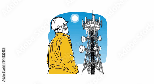 Worker in hard hat gazes up at tall telecommunications tower against blue sky