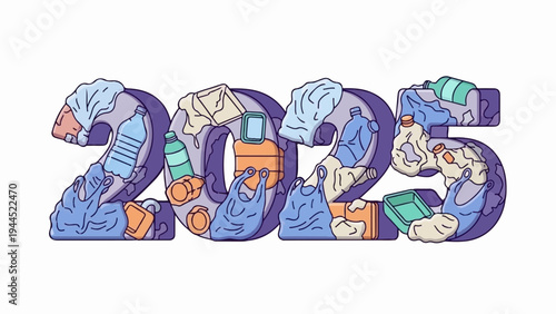 The digits "2025" are illustrated as being filled with various forms of plastic waste