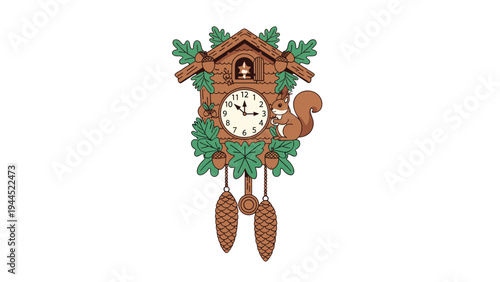 Charming wooden cuckoo clock illustration decorated with green oak leaves, acorns, pine cones, and a cute brown squirrel on the side.